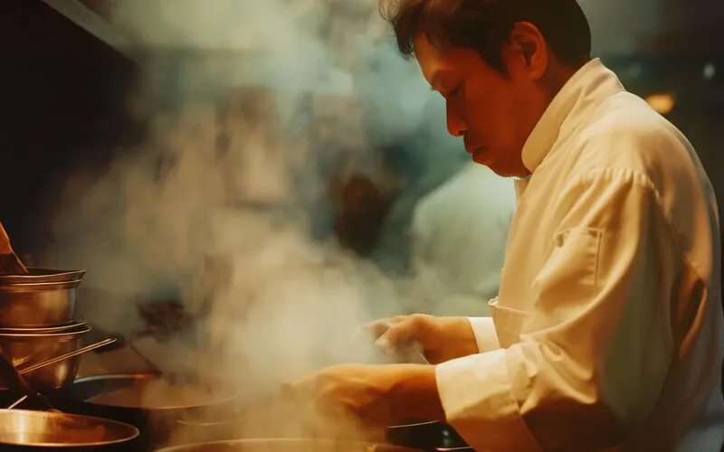 廚師在廚房料理台前出餐