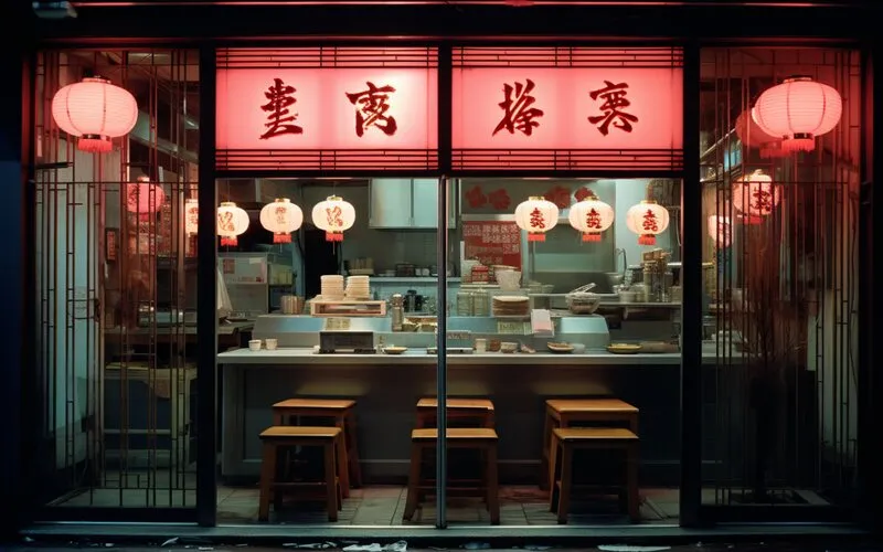 拉麵店的夜間店面外觀